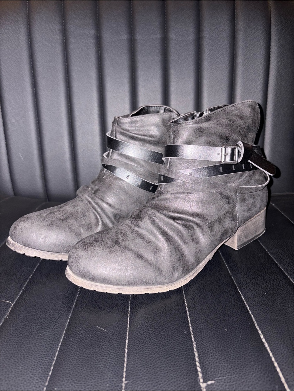 Women's Black Ankle Booties with Wrap Buckle Straps